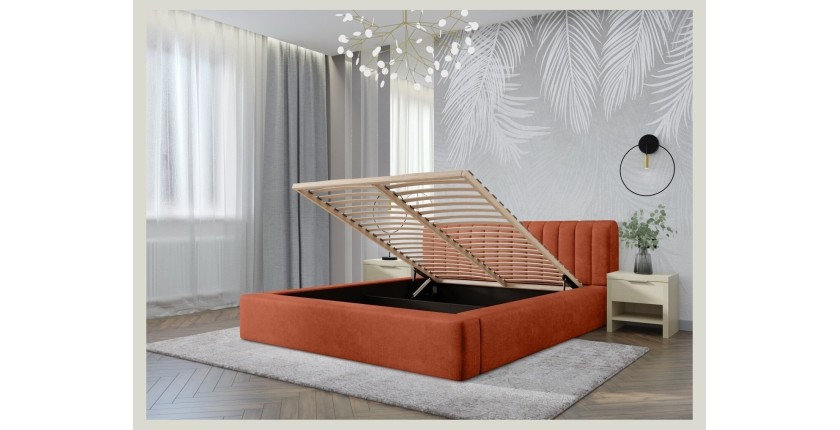 Lit coffre CERVIN – Velours doux Brique Toscane – 140x200 cm – Sommier relevable – Design élégant 
