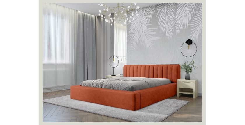 Lit coffre CERVIN – Velours doux Brique Toscane – 160x200 cm – Sommier relevable – Design élégant 