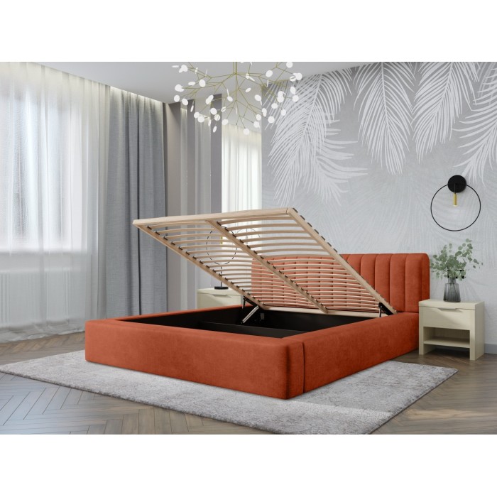 Lit coffre CERVIN – Velours doux Brique Toscane – 160x200 cm – Sommier relevable – Design élégant 