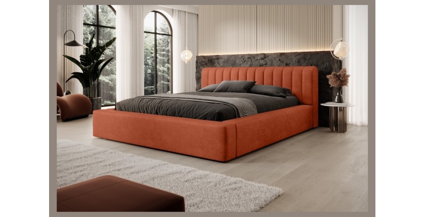 Lit coffre CERVIN – Velours doux Brique Toscane – 180x200 cm – Sommier relevable – Design élégant 
