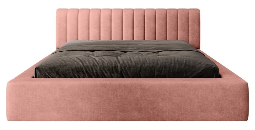 Lit coffre CERVIN – Velours doux Ocre rosé – 140x200 cm – Sommier relevable – Design élégant 