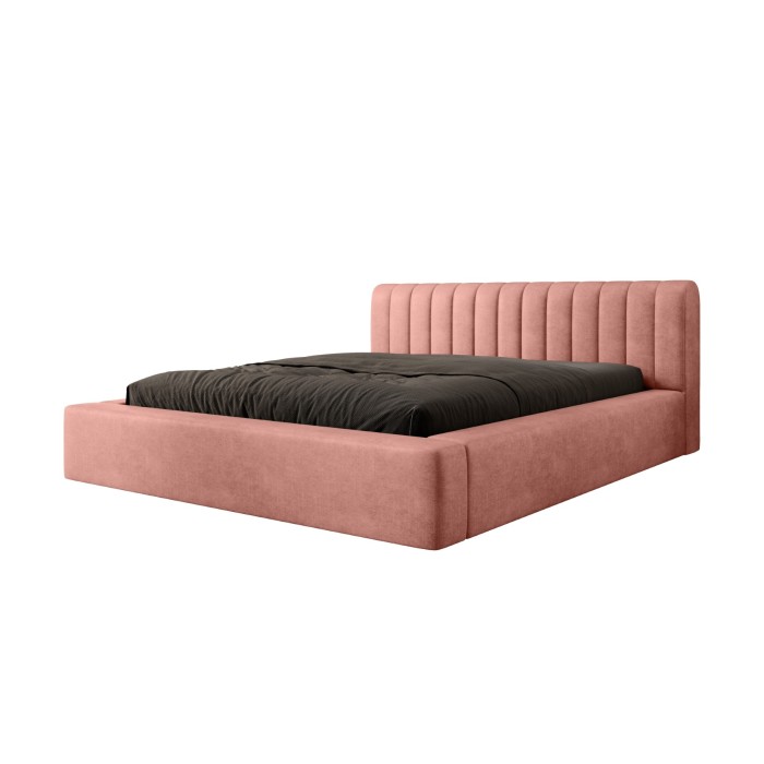Lit coffre CERVIN – Velours doux Ocre rosé – 140x200 cm – Sommier relevable – Design élégant 