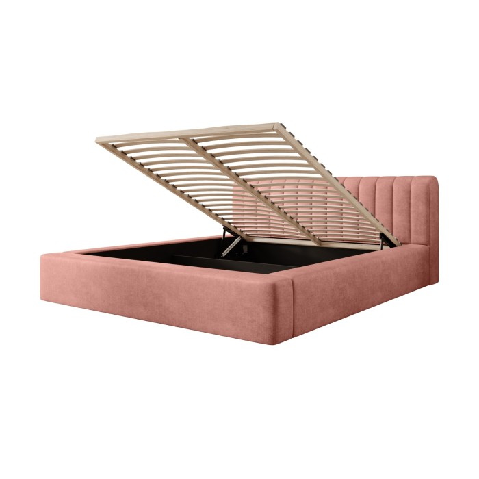 Lit coffre CERVIN – Velours doux Ocre rosé – 140x200 cm – Sommier relevable – Design élégant 