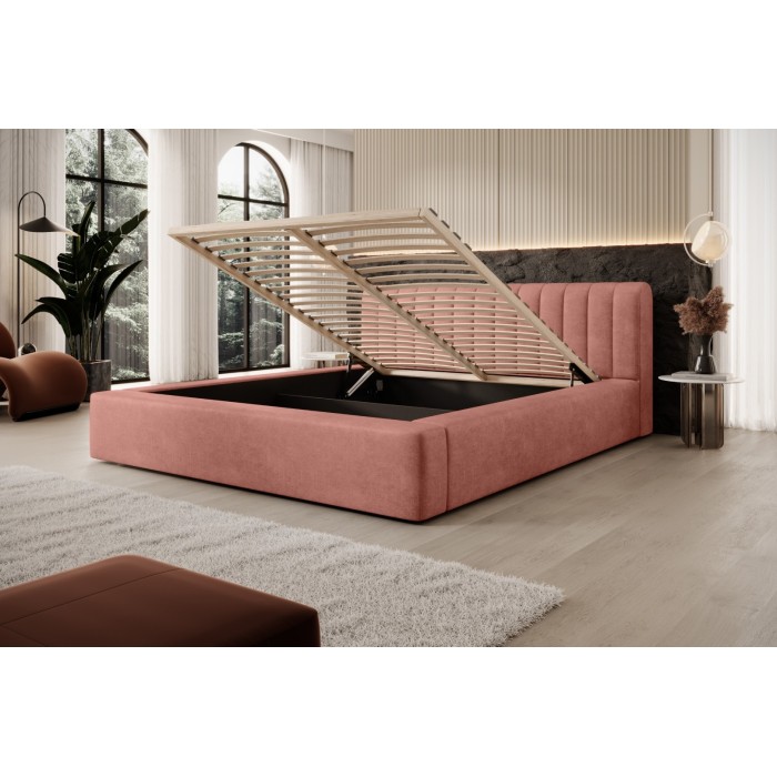 Lit coffre CERVIN – Velours doux Ocre rosé – 160x200 cm – Sommier relevable – Design élégant 