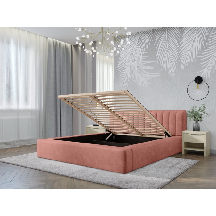 Lit coffre CERVIN – Velours doux Ocre rosé – 160x200 cm – Sommier relevable – Design élégant 