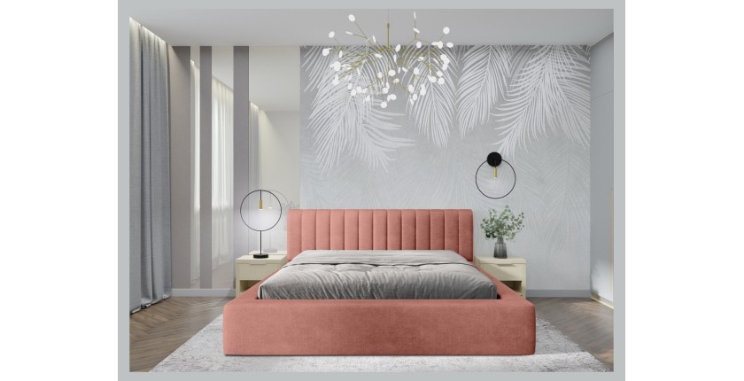 Lit coffre CERVIN – Velours doux Ocre rosé – 180x200 cm – Sommier relevable – Design élégant