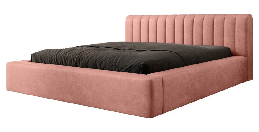 Lit coffre CERVIN – Velours doux Ocre rosé – 180x200 cm – Sommier relevable – Design élégant 
