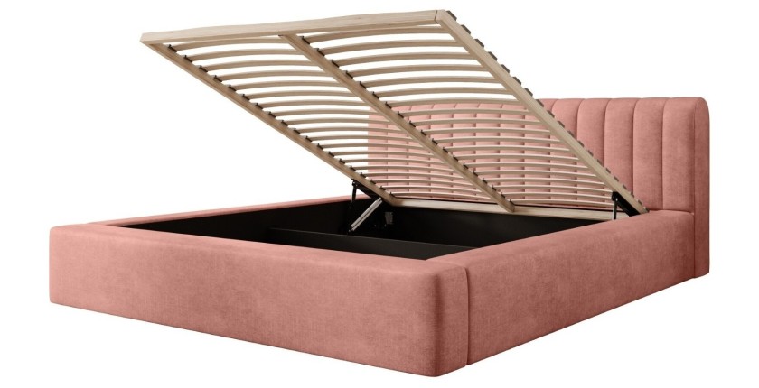 Lit coffre CERVIN – Velours doux Ocre rosé – 180x200 cm – Sommier relevable – Design élégant 