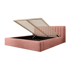 Lit coffre CERVIN – Velours doux Ocre rosé – 180x200 cm – Sommier relevable – Design élégant 