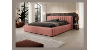 Lit coffre CERVIN – Velours doux Ocre rosé – 180x200 cm – Sommier relevable – Design élégant 