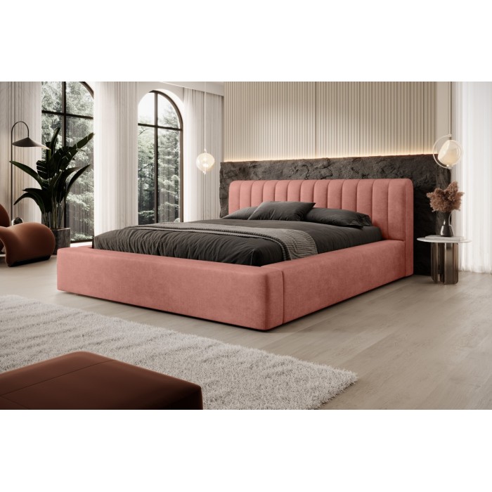 Lit coffre CERVIN – Velours doux Ocre rosé – 180x200 cm – Sommier relevable – Design élégant 