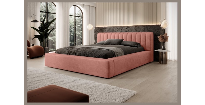 Lit coffre CERVIN – Velours doux Ocre rosé – 180x200 cm – Sommier relevable – Design élégant 