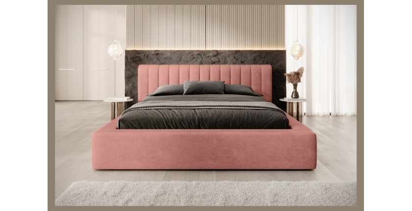 Lit coffre CERVIN – Velours doux Ocre rosé – 180x200 cm – Sommier relevable – Design élégant 
