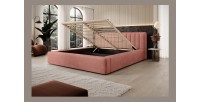 Lit coffre CERVIN – Velours doux Ocre rosé – 180x200 cm – Sommier relevable – Design élégant 