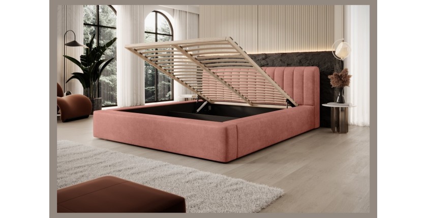 Lit coffre CERVIN – Velours doux Ocre rosé – 180x200 cm – Sommier relevable – Design élégant 