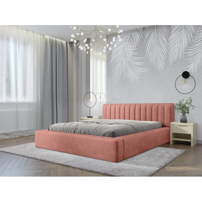 Lit coffre CERVIN – Velours doux Ocre rosé – 180x200 cm – Sommier relevable – Design élégant 