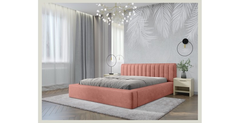 Lit coffre CERVIN – Velours doux Ocre rosé – 180x200 cm – Sommier relevable – Design élégant 