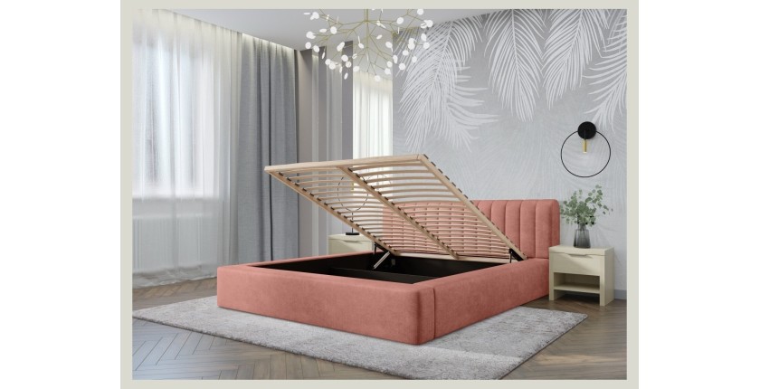 Lit coffre CERVIN – Velours doux Ocre rosé – 180x200 cm – Sommier relevable – Design élégant 