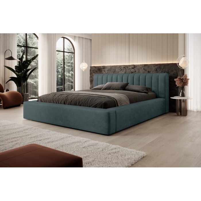 Lit coffre CERVIN – Velours doux Nuit émeraude – 140x200 cm – Sommier relevable – Design élégant 