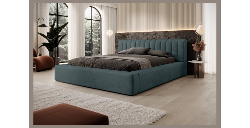 Lit coffre CERVIN – Velours doux Nuit émeraude – 140x200 cm – Sommier relevable – Design élégant 