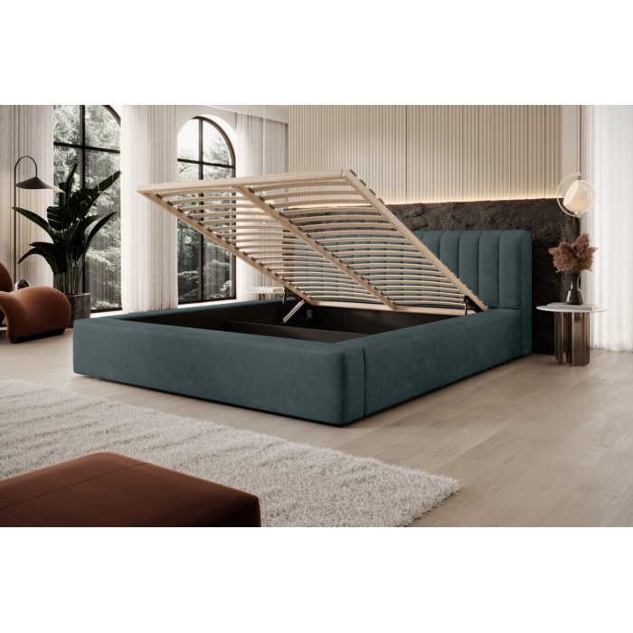Lit coffre CERVIN – Velours doux Nuit émeraude – 140x200 cm – Sommier relevable – Design élégant 