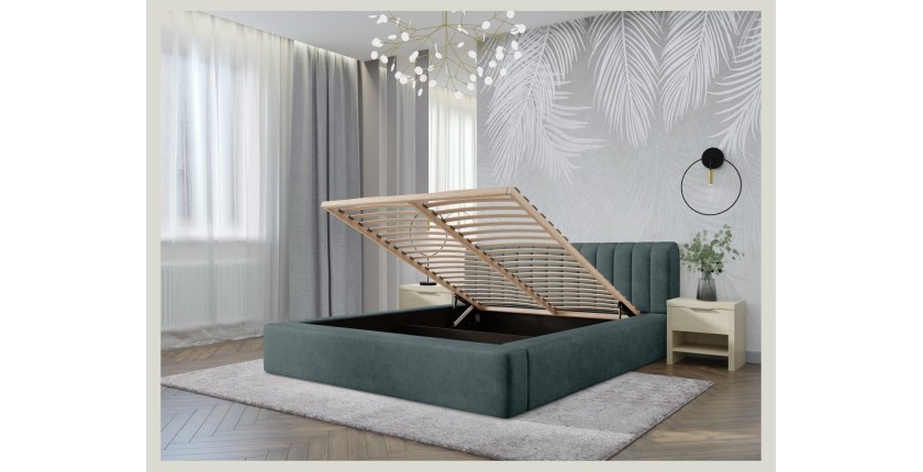 Lit coffre CERVIN – Velours doux Nuit émeraude – 140x200 cm – Sommier relevable – Design élégant 