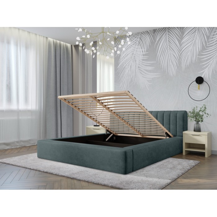 Lit coffre CERVIN – Velours doux Nuit émeraude – 180x200 cm – Sommier relevable – Design élégant 
