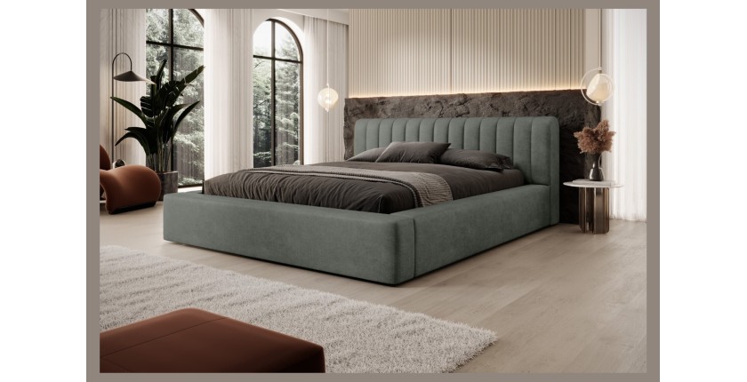 Lit coffre CERVIN – Velours doux Sauge Nocturne – 140x200 cm – Sommier relevable – Design élégant 