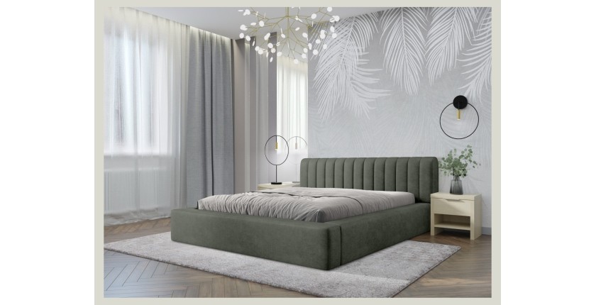 Lit coffre CERVIN – Velours doux Sauge Nocturne – 140x200 cm – Sommier relevable – Design élégant 