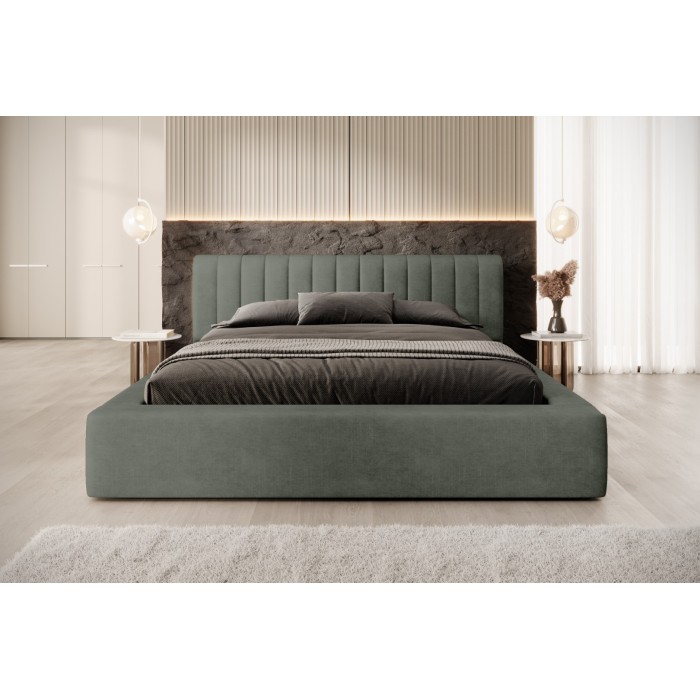 Lit coffre CERVIN – Velours doux Sauge Nocturne – 160x200 cm – Sommier relevable – Design élégant 