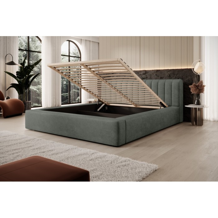 Lit coffre CERVIN – Velours doux Sauge Nocturne – 160x200 cm – Sommier relevable – Design élégant 
