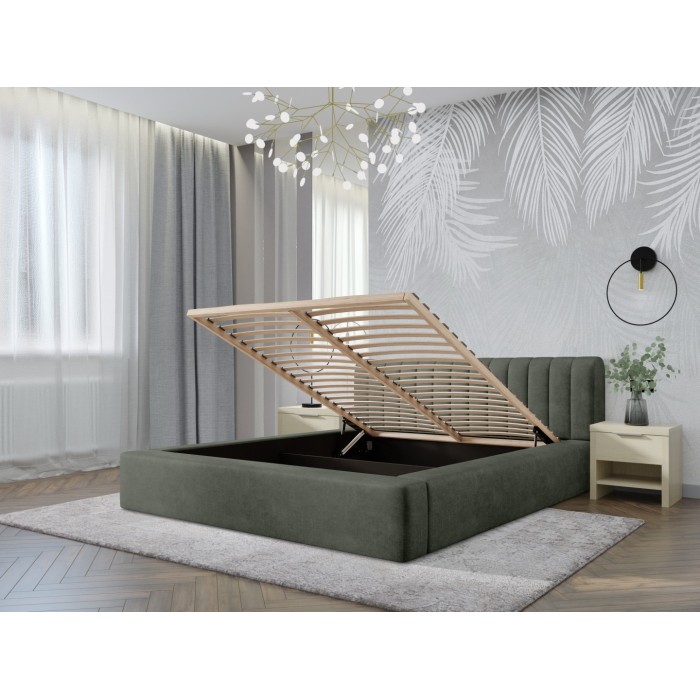 Lit coffre CERVIN – Velours doux Sauge Nocturne – 160x200 cm – Sommier relevable – Design élégant 