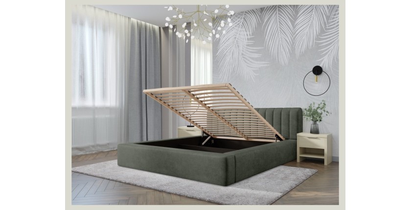 Lit coffre CERVIN – Velours doux Sauge Nocturne – 160x200 cm – Sommier relevable – Design élégant 