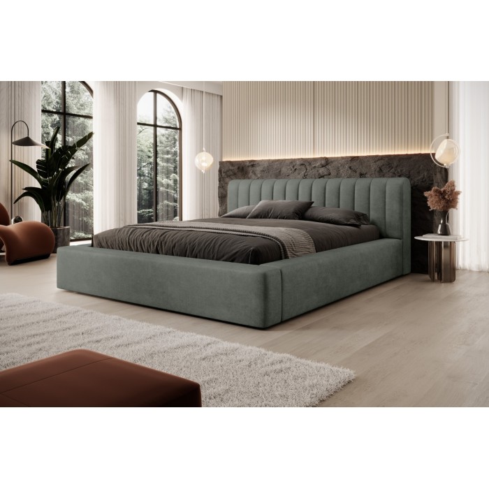 Lit coffre CERVIN – Velours doux Sauge Nocturne – 180x200 cm – Sommier relevable – Design élégant 