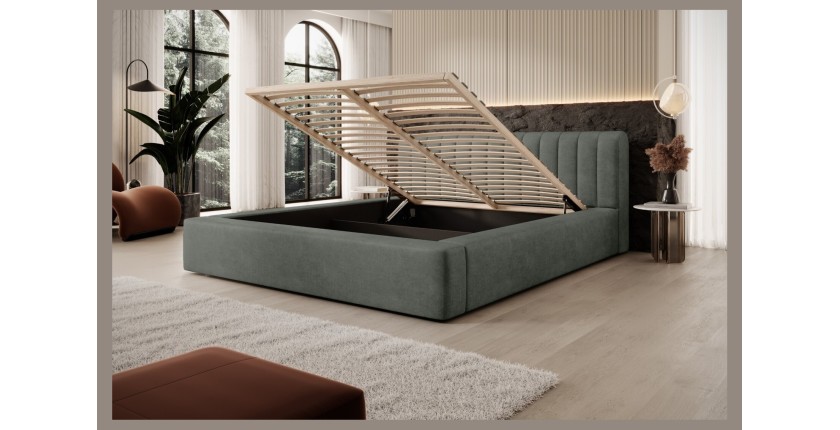 Lit coffre CERVIN – Velours doux Sauge Nocturne – 180x200 cm – Sommier relevable – Design élégant 
