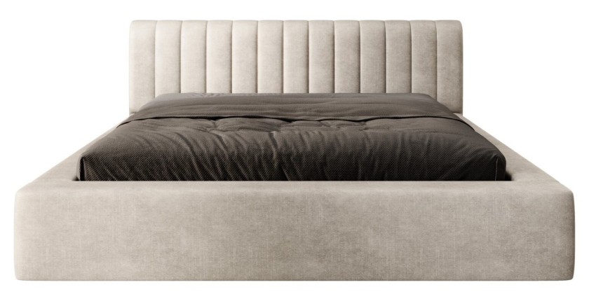 Lit coffre CERVIN – Velours doux Lin naturel – 160x200 cm – Sommier relevable – Design élégant 
