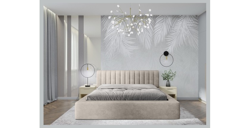 Lit coffre CERVIN – Velours doux Lin naturel – 160x200 cm – Sommier relevable – Design élégant