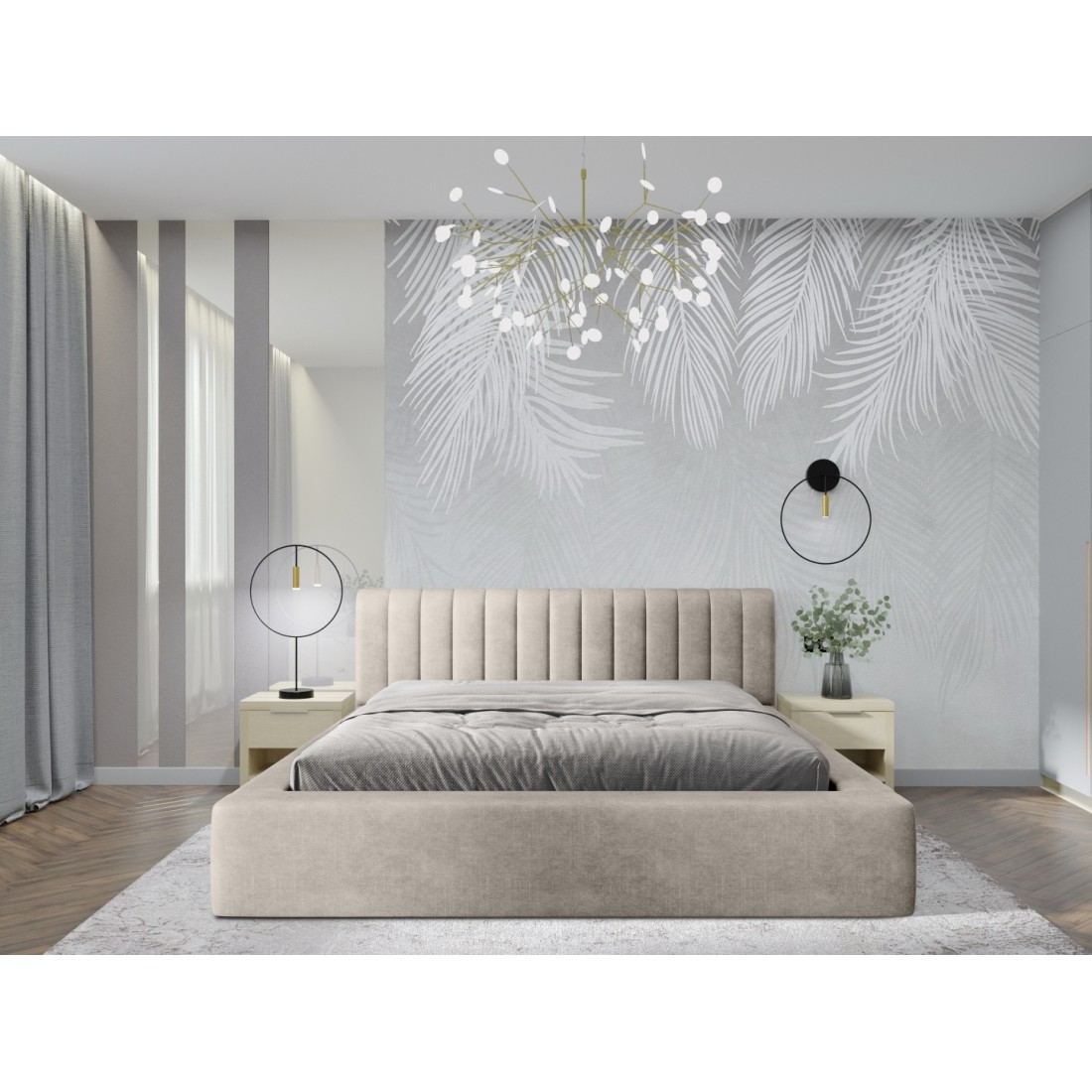 Lit coffre CERVIN – Velours doux Lin naturel – 160x200 cm – Sommier relevable – Design élégant
