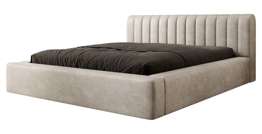 Lit coffre CERVIN – Velours doux Lin naturel – 160x200 cm – Sommier relevable – Design élégant 