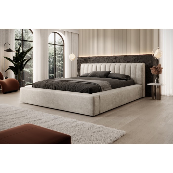 Lit coffre CERVIN – Velours doux Lin naturel – 160x200 cm – Sommier relevable – Design élégant 