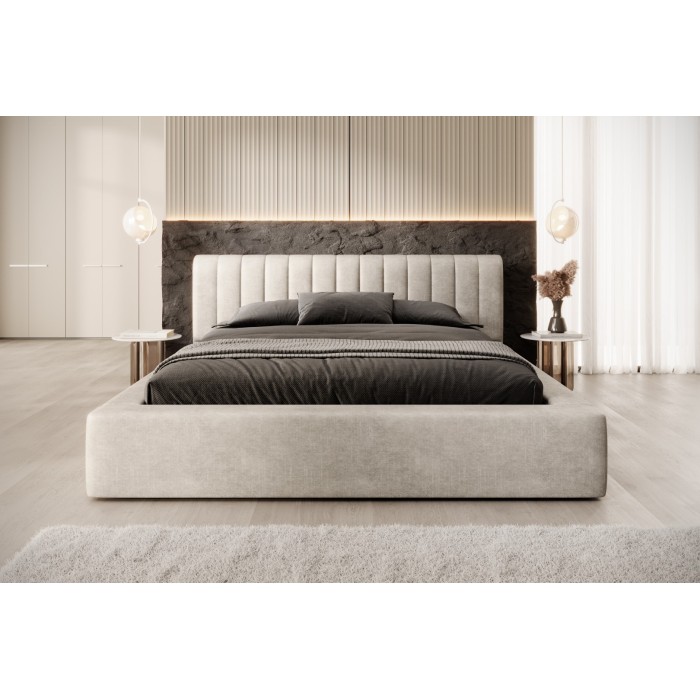 Lit coffre CERVIN – Velours doux Lin naturel – 160x200 cm – Sommier relevable – Design élégant 