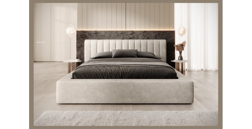 Lit coffre CERVIN – Velours doux Lin naturel – 160x200 cm – Sommier relevable – Design élégant 