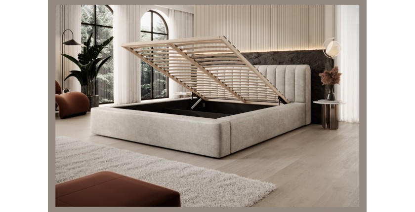 Lit coffre CERVIN – Velours doux Lin naturel – 160x200 cm – Sommier relevable – Design élégant 