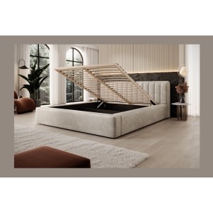 Lit coffre CERVIN – Velours doux Lin naturel – 160x200 cm – Sommier relevable – Design élégant 