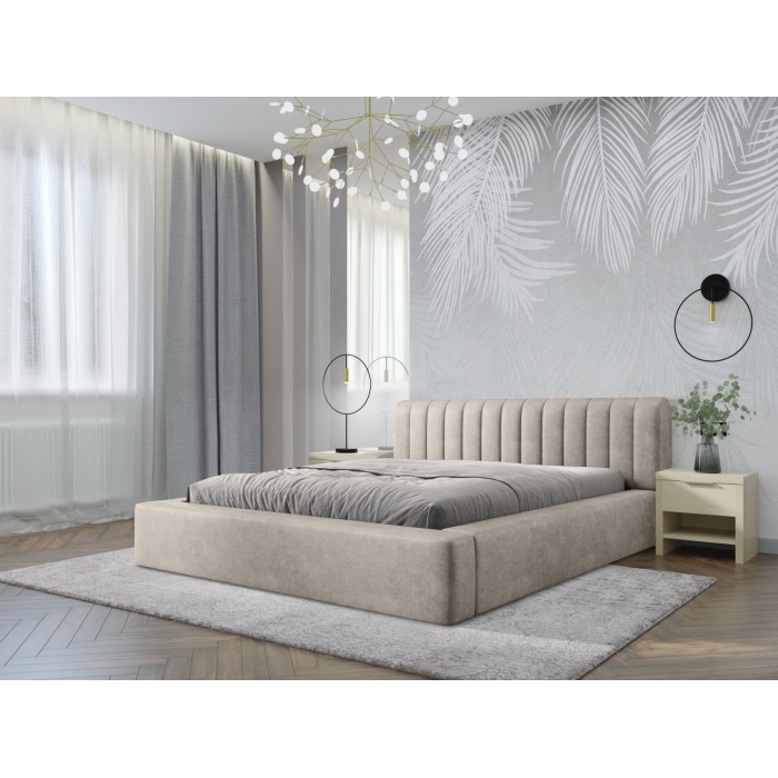 Lit coffre CERVIN – Velours doux Lin naturel – 160x200 cm – Sommier relevable – Design élégant 
