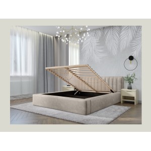 Lit coffre CERVIN – Velours doux Lin naturel – 160x200 cm – Sommier relevable – Design élégant 