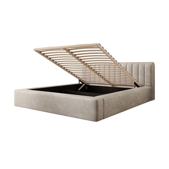 Lit coffre CERVIN – Velours doux Lin naturel – 180x200 cm – Sommier relevable – Design élégant 