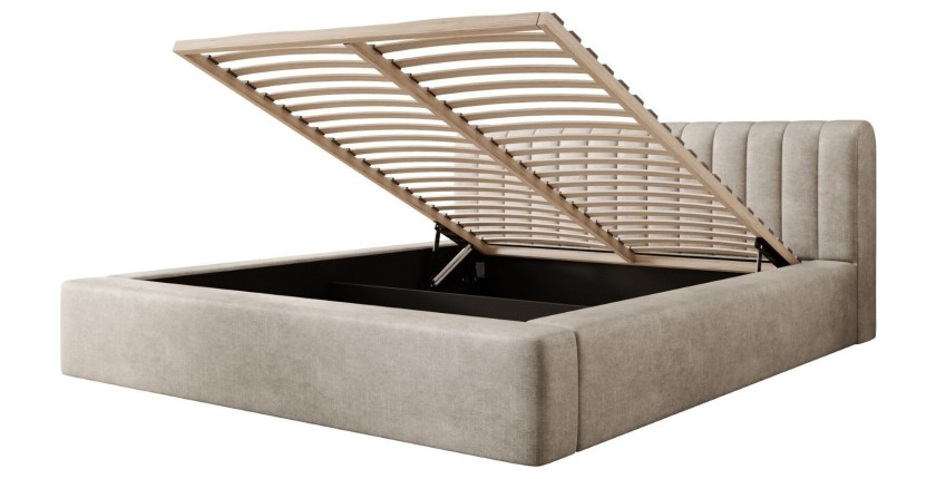 Lit coffre CERVIN – Velours doux Lin naturel – 180x200 cm – Sommier relevable – Design élégant 