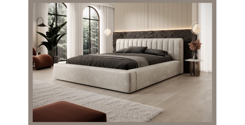 Lit coffre CERVIN – Velours doux Lin naturel – 180x200 cm – Sommier relevable – Design élégant 