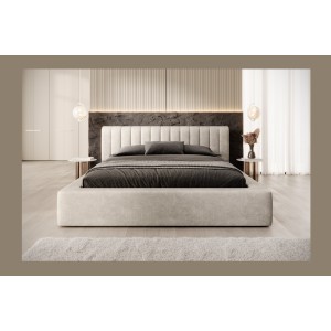 Lit coffre CERVIN – Velours doux Lin naturel – 180x200 cm – Sommier relevable – Design élégant 